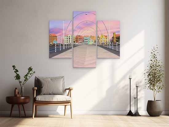 Artaza Peinture sur toile Triptyque Maisons colorées de Willemstad à Curaçao - 150x120 - Groot - Photo sur toile - Impression sur toile
