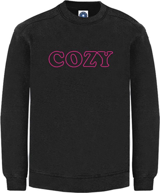 Huissweater - Huistrui - Sweater - Zwart - NEON ROZE tekst COZY - ruimzittend - LARGE