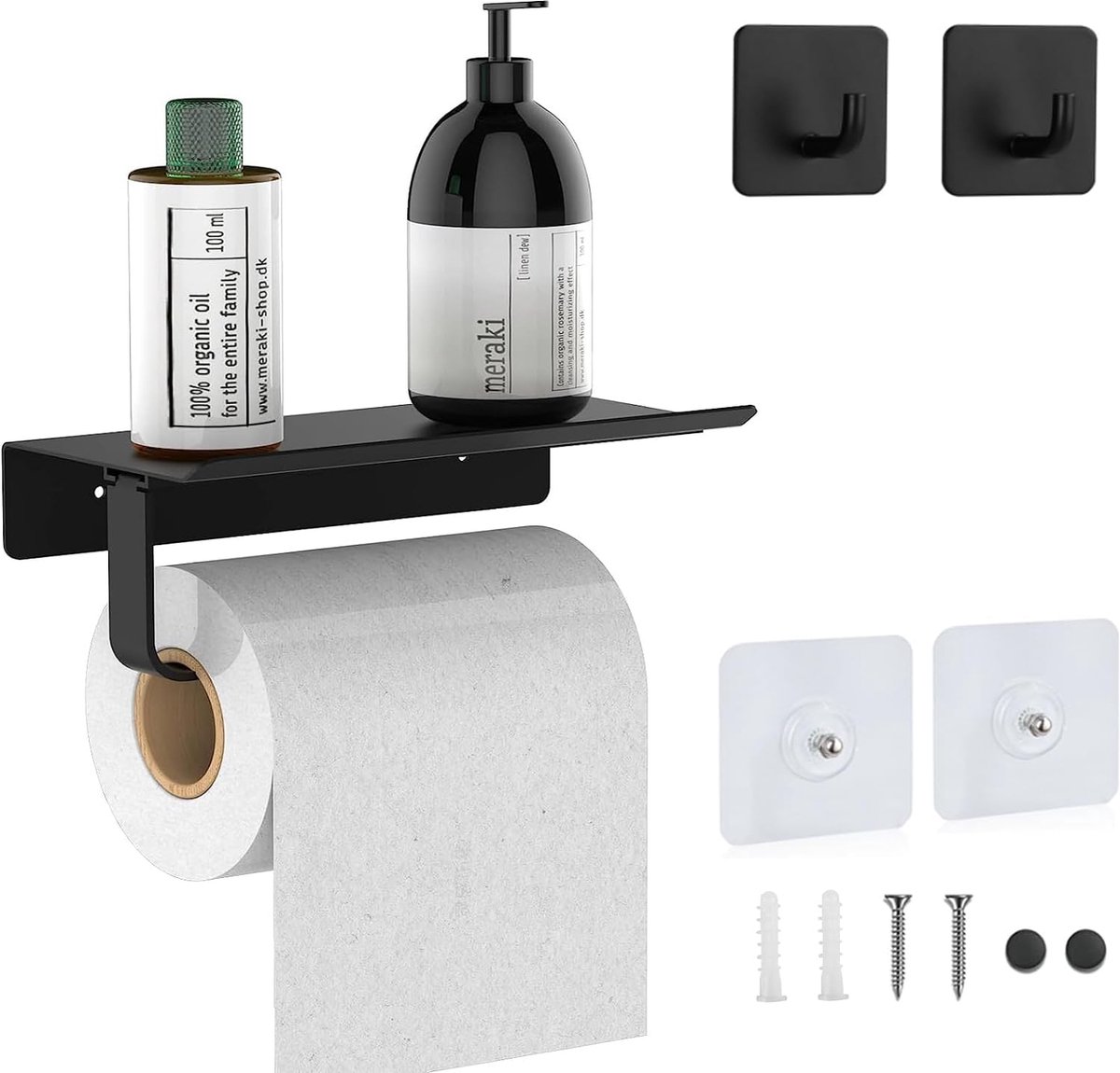 Toiletpapierhouder (geperforeerd/ongeperforeerd) met 2 zelfklevende haken, papierhouder, wc-papier, wandhouder voor toiletpapier voor toilet en keuken, zwart