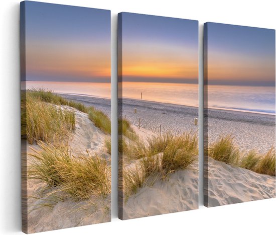 Artaza Canvas Schilderij Drieluik Strand en Zee vanuit de Duinen - 120x80 cm - Wanddecoratie Woonkamer - Schilderijen - Muurdecoratie