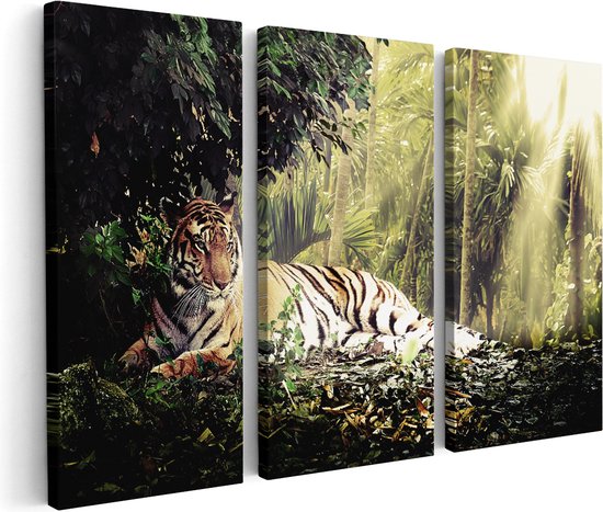 Artaza Canvas Schilderij Drieluik Tijger In De Jungle Met Zonneschijn - 150x100 - Groot - Foto Op Canvas - Canvas Print