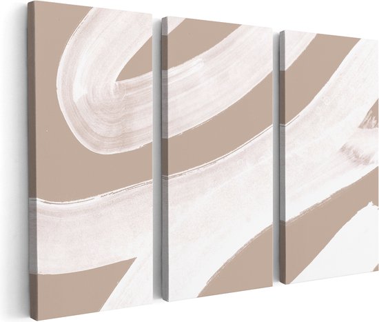 Artaza Canvas Schilderij Drieluik Abstracte Kunst - Witte Strepen op Beige - 150x100 - Groot - Foto Op Canvas - Canvas Print