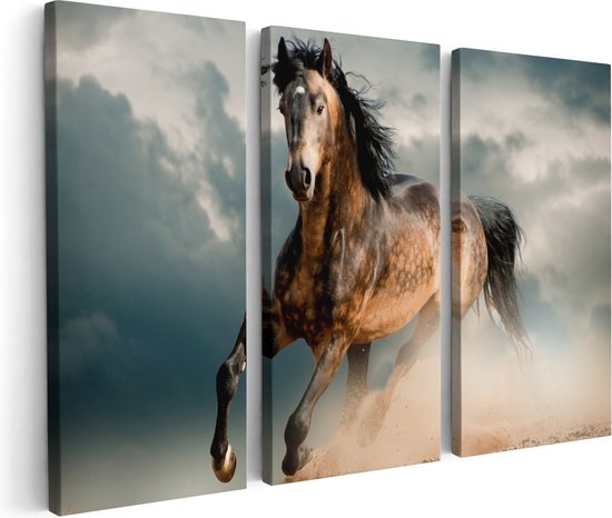 Artaza Canvas Schilderij Drieluik Wilde Paard In Het Zand - 150x100 - Groot - Foto Op Canvas - Canvas Print