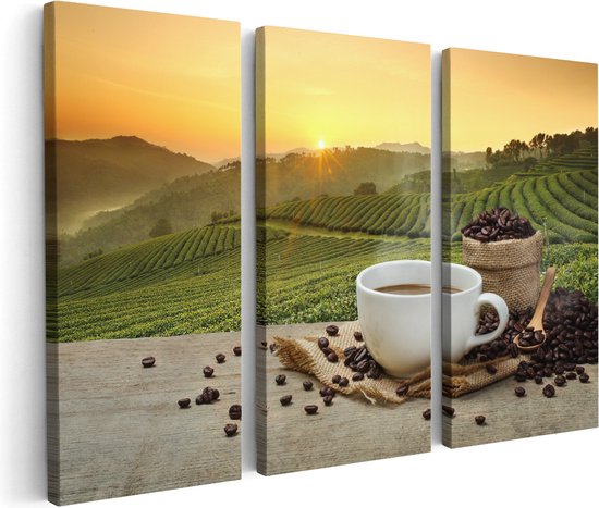 Artaza Canvas Schilderij Drieluik Kopje Koffie Op Een Plantage Achtergrond6 - 180x120 - Groot - Foto Op Canvas - Canvas Print