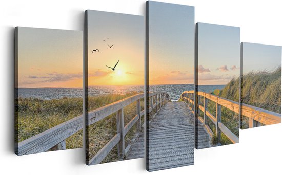 Artaza Canvas Schilderij Vijfluik Voetpad met Zee en Vogels - 100x50 cm - Wanddecoratie Woonkamer - Schilderijen - Muurdecoratie