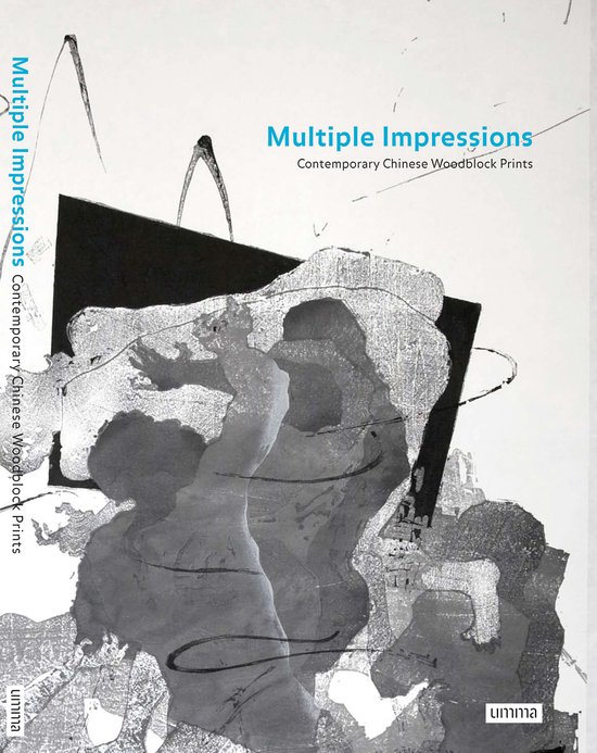 Boekomslag 'Multiple Impressions: Contemporary Chinese Woodblock Prints' met abstracte, zwart-witte houtsnededruk.