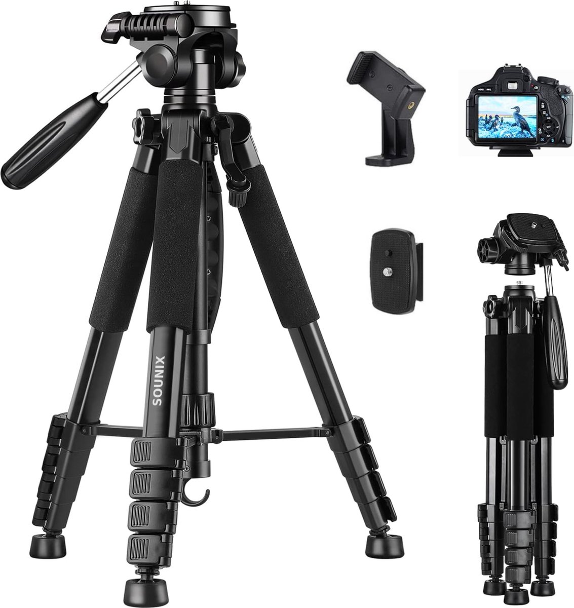 Sounix Camerastatief - Tripod voor camera en telefoon - Aluminium fotostatief geschikt voor DSLR Canon Nikon Sony - Zwart