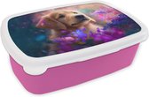 Broodtrommel Roze - Lunchbox Hond - Puppy - Zon - Bloemen - Golden retriever - Brooddoos 18x12x6 cm - Brood lunch box - Broodtrommels voor kinderen en volwassenen