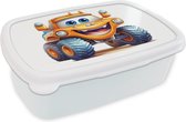 Broodtrommel Wit - Lunchbox Auto - Oranje - Jongen - Kind - Brooddoos 18x12x6 cm - Brood lunch box - Broodtrommels voor kinderen en volwassenen