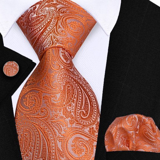 Cravate Sorprese avec pochette et Boutons de manchette - Paisley Oranje - 8cm - 100% Soie - Pochette - Noël