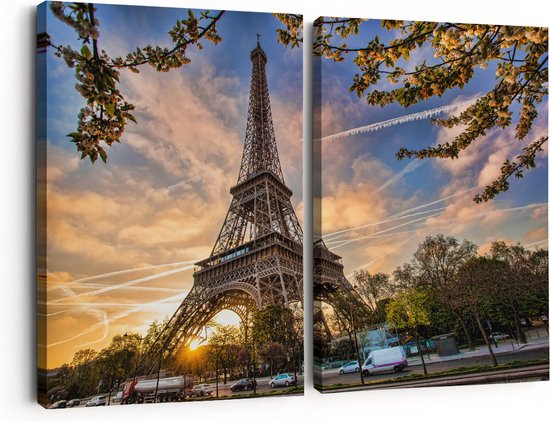 Artaza Canvas Schilderij Tweeluik Eiffeltoren In Parijs Tijdens Zonsondergang - 60x40 - Klein - Foto Op Canvas - Canvas Print