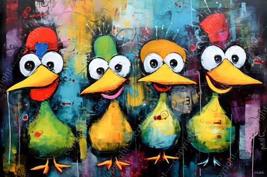 JJ-Art (Canvas) 60x40 | Eenden, kuikens, grappig, kleurrijk, abstract, kunst | dier, eend, kuiken, vogel, blauw geel, oranje, rood, modern | Foto-Schilderij canvas print (wanddecoratie)