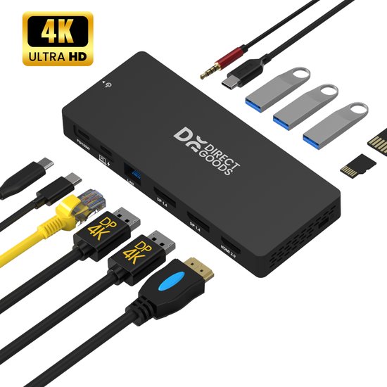 DirectGoods® 13 in 1 Tripple Display - USB C Hub – Docking Station Laptop - USB Splitter - USB C Naar HDMI - USB C 3.2 – USB-C 100W - 2x Displayport (DP) 4K - 1x HDMI 4K - RJ45 Gigabit - Premium Kwaliteit