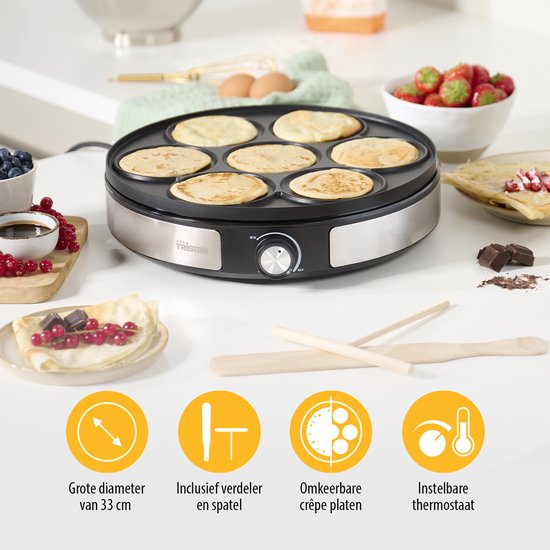 Instellingen en functies - Tristar BP-2639 - Tristar Pannenkoekenmaker XXL BP-2639 - 2-in-1 pancake maker met omkeerbare plaat - Voor pannenkoeken en mini Pancakes - Regelbare thermostaat - Inclusief Accessoires - RVS