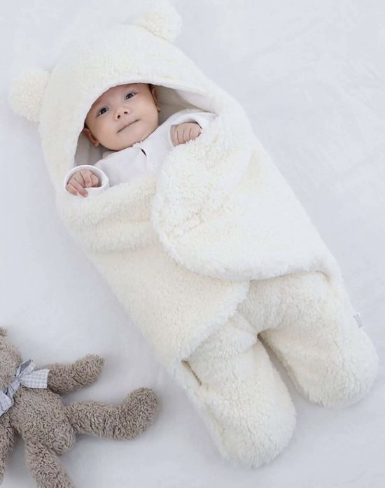 Foto: Babypro baby wikkeldeken inbakerslaapzak teddy stijl wit 3 tot 6 maanden 65x71cm 750 gram katoen polyestervezel kraam cadeau babyshower inbakerdoek babykleding cadeau tip