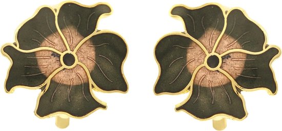 Behave Boucle d'oreille clip femme fleur émail marron noir - 2 cm de diamètre