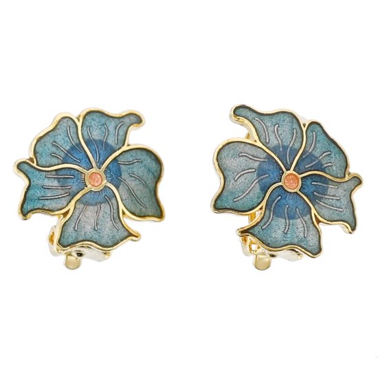 Behave – Clip oorbellen – Petrol Blauw Goudkleur – Bloem emaille – Zonder gaatjes