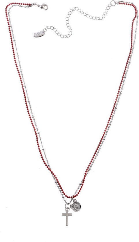 Behave Korte ketting zilverkleur met rood 42 cm lengte, metaal, 2rijen, hanger kruis + 7,5 cm verlengketting