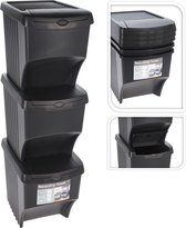 Afvalbakken - Set van 3 - Afvalscheidingsbak - Zwart - Stapelbaar - Recycleer