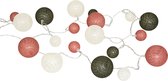 Atmosphera LED Feestverlichting - Lichtslingers katoen - Cotton ball - 20 Ballen - Dia 6 cm - Wit/Donkergroen/Roze