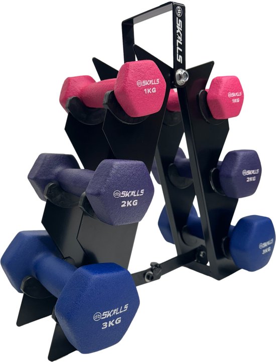 Dumbell rek met dumbbells bestaat uit een set van 1 kg, 2kg en 3kg