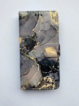 iPhone 15 boekhoesje met marmerprint - antraciet goud - portemonnee hoesje met kaarthouder en magneetsluiting