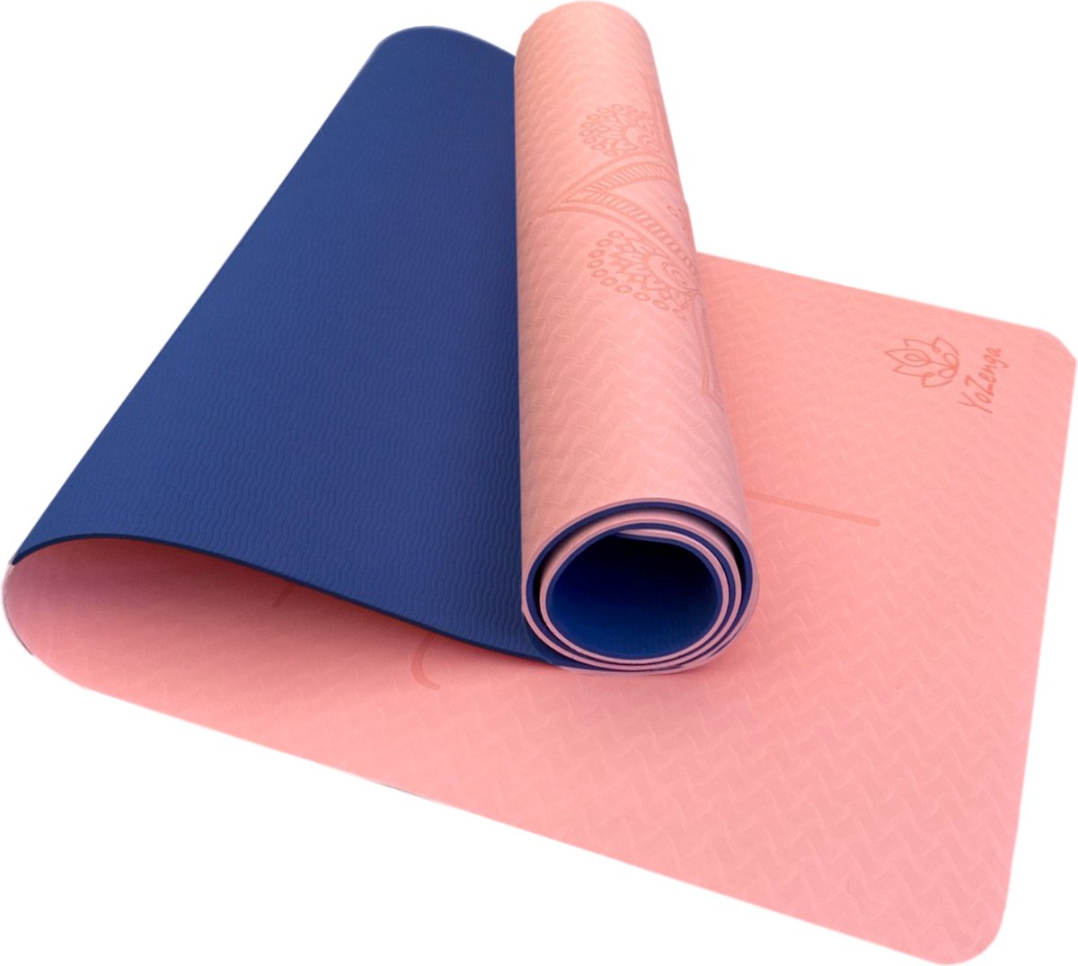 YoZenga Premium yoga mat | sportmat | Fitnessmat | extra breed | extra dik | TPE | Mandala Salmon pink/Navy blue | Inclusief Draagriem