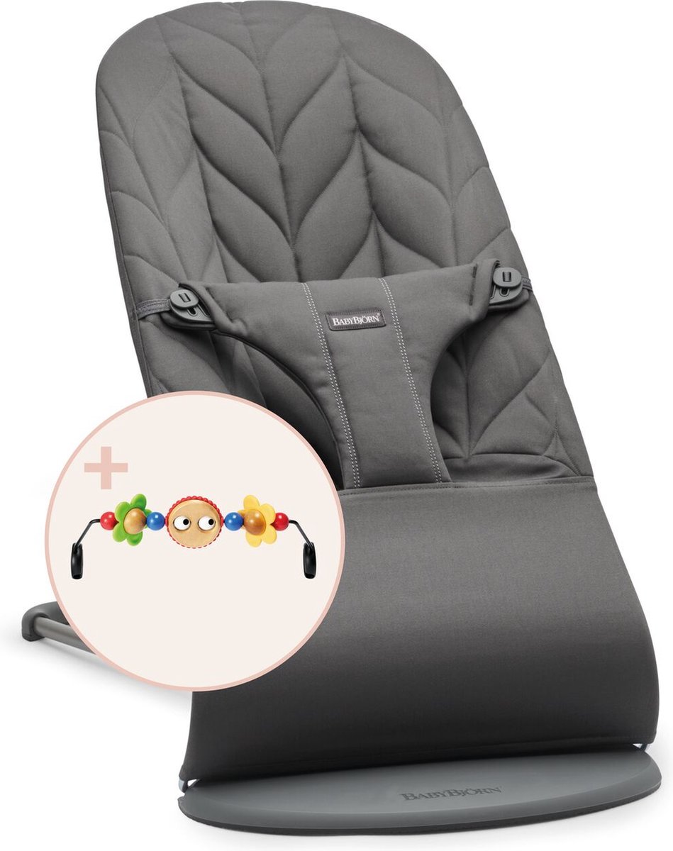 Goedkoopste BabyBjörn Wipstoel Bliss Bundle - Geweven kroonblad quilt - Antraciet incl Speelgoed Ondeugende oogjes