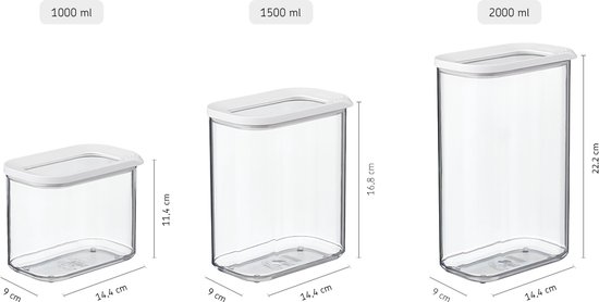 Trois boîtes de conservation Mepal Modula de 1000, 1500 et 2000 ml avec couvercles blancs, avec dimensions.