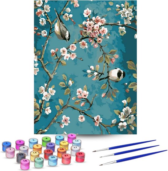 Rubye® Schilderen Op Nummer Volwassenen – Vogels en Bloemen – Inclusief Penselen – Canvas Schildersdoek – Kleuren op Nummer – 40x50cm