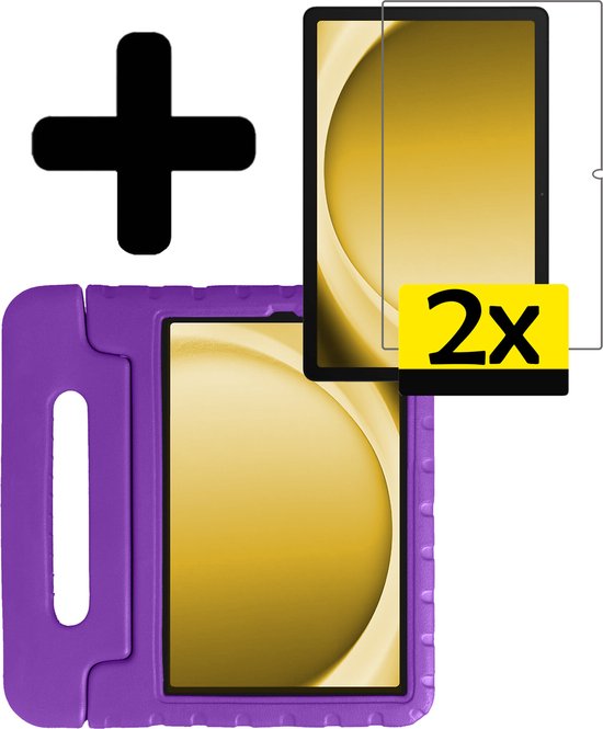 Een paarse tablet hoes met handvat en twee screenprotectors, aangeduid met een '2x'.