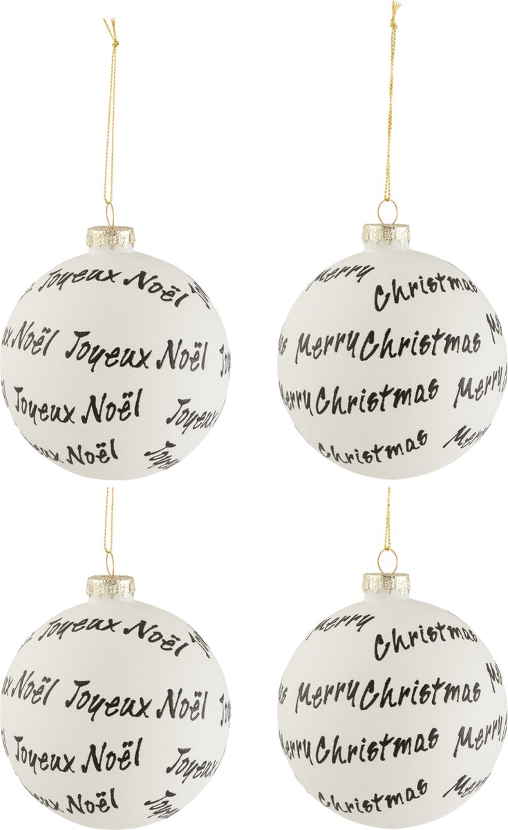 J-Line Doos Van 4 Kerstballen Xmas/Noel Glas Wit/Zwart Medium