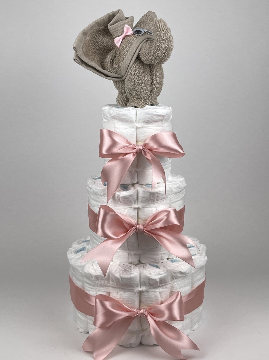 Chouette-Chouette | Luiertaart Meisje | Kraamcadeau | Geboorte Meisje | Babyshower | Olifant Cream - donker Poeder Roze