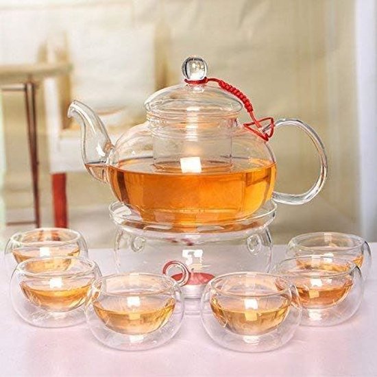 Théière en verre 600 ml + 6 tasses à thé + réchaud avec filtre en verre et  couvercle