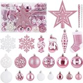 Set van 128 hoogwaardige kerstballen, kunststof, roze, wit, met boompiek, ster, robuuste en veilige kerstboomversieringsset met ophanging, kleurrijk, herbruikbare kerstdecoratie