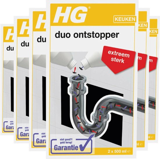 Verpakking van 5 HG Duo Ontstopper dozen, met afbeelding van het product dat in een gootsteenafvoer wordt gegoten.