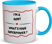 Akyol - i'm a aunt what's your superpower? koffiemok - theemok - blauw - Tante - super tante - verjaardag - cadeautje voor tante - tante artikelen - kado - geschenk - 350 ML inhoud