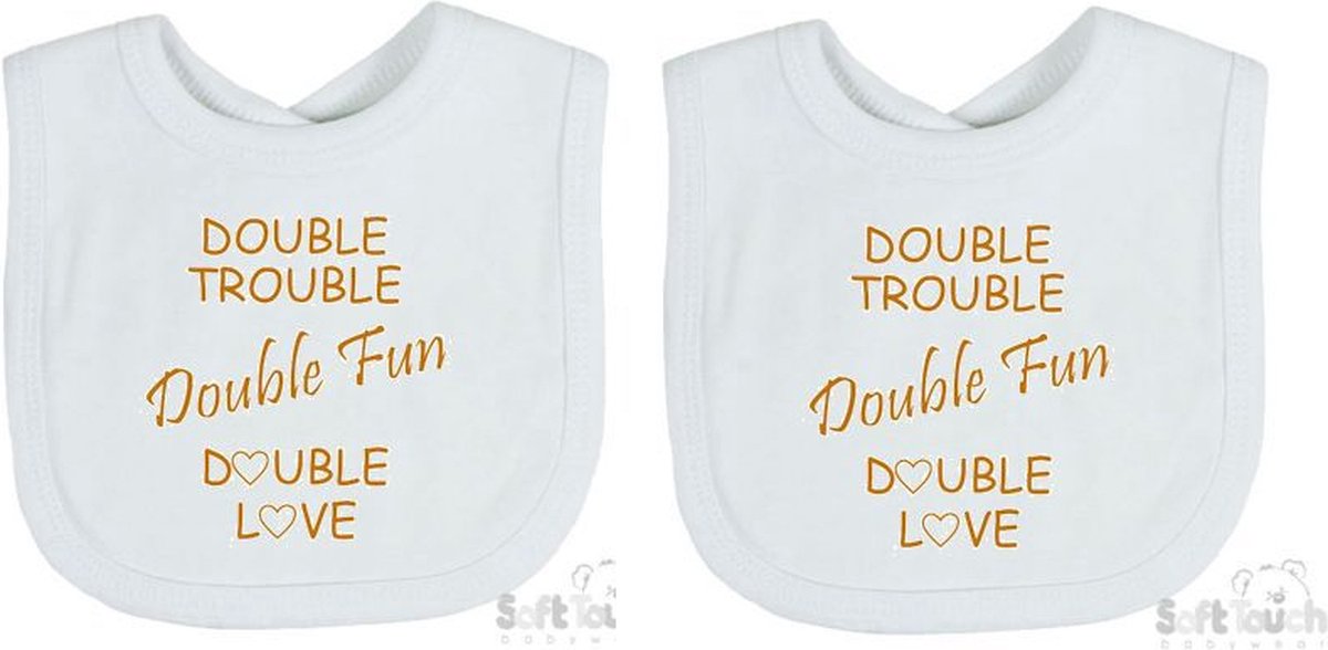 Goedkoopste Soft Touch 2-pack Slabber Slabbetje Slab Double trouble Double fun Double love Unisex Tweeling Katoen Wit/tan Maat 33x22 Cm