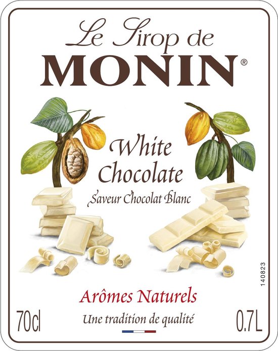 Label Monin witte chocolade siroop met cacaopeulen, witte chocoladerepen en krullen.
