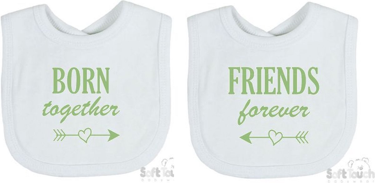 Goedkoopste Soft Touch 2-pack Slabber Slabbetje Slab Born together Friends forever Unisex Tweeling Katoen Wit/sage green (saliegroen) Maat 33x22 Cm