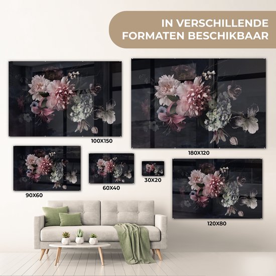 Peinture sur verre fleurs - Vintage - Pastel - Zwart - Bouquet - Peinture sur verre - Salon - 120x80 cm - Décoration fleurs - Décoration chambre - Décoration murale