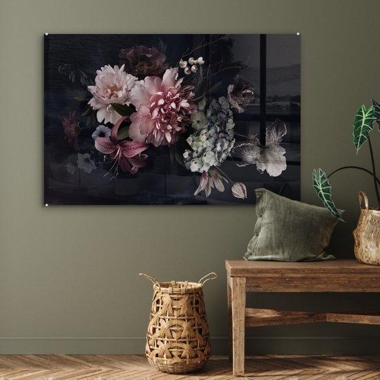 Peinture sur verre fleurs - Vintage - Pastel - Zwart - Bouquet - Peinture sur verre - Salon - 120x80 cm - Décoration fleurs - Décoration chambre - Décoration murale