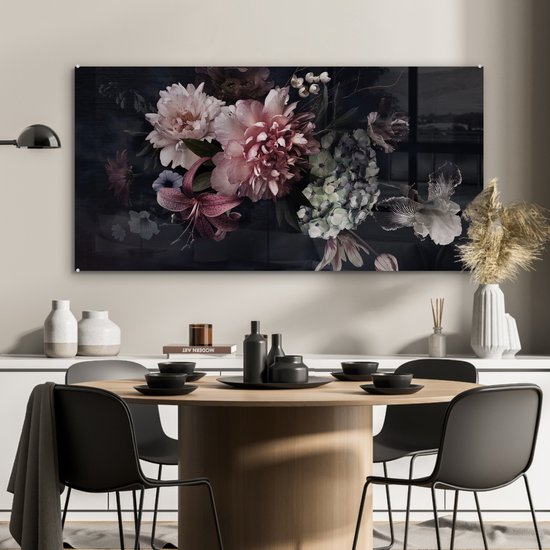 Glasschilderij bloemen - Vintage - Pastel - Zwart - Boeket - Schilderij glas - Woonkamer - 120x60 cm - Decoratie bloemen - Kamer decoratie - Wanddecoratie