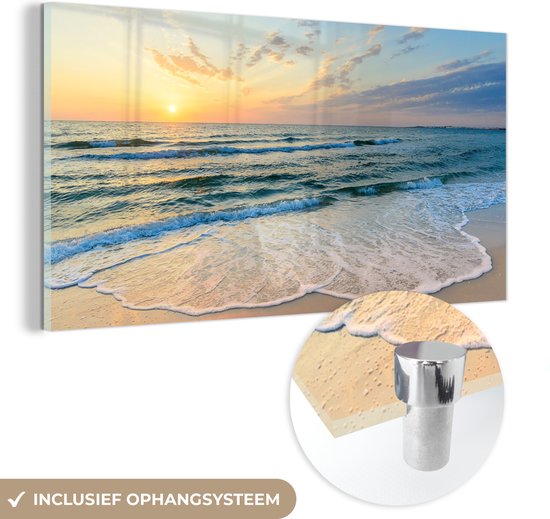 MuchoWow® Glasschilderij 160x80 cm - Schilderij acrylglas - Strand - Zee - Zonsondergang - Golf - Foto op glas - Schilderijen