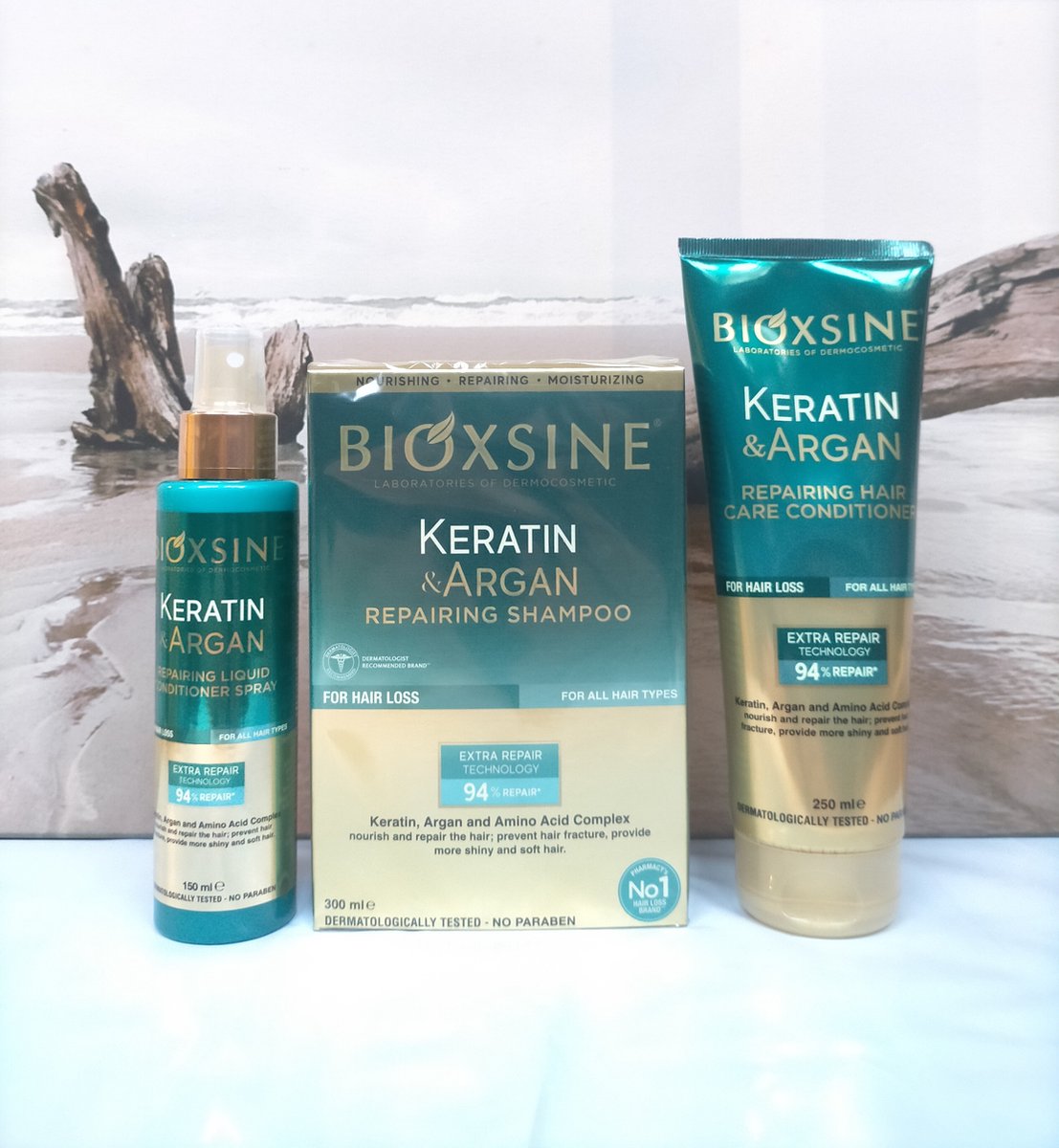 Bioxsine- Haarverzorgings set - 1 x keratin Argan shampoo 300 ml - 1 x keratin Argan haarcrème 250 ml - 1 x keratin Argan conditioner 150 ml