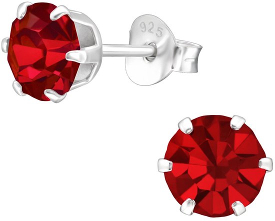 Joy|S - Zilveren oorknoppen - rond 6 mm - rood kristal - oorbellen