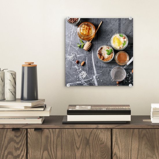 MuchoWow® Peinture sur Verre - Miel - Épices - Cuisine - Marbre - 20x20 cm - Peintures sur Verre Acrylique - Photo sur Glas