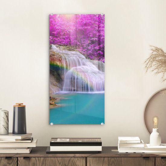 MuchoWow® Peinture sur verre 20x40 cm - Peinture sur verre acrylique - Cascade - Arbres - Arc-en-ciel - Violet - Photo sur verre - Peintures