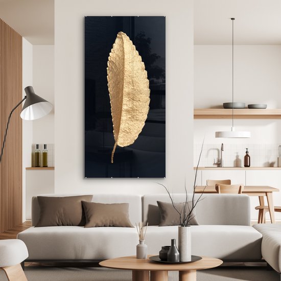 MuchoWow® Tableau sur Verre - Feuilles - Noir et Or - Luxe - Chic - Nature - 80x160 cm - Peintures sur Verre Acrylique - Photo sur Glas