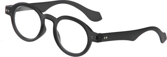 Lunettes de lecture noires avec verres ronds et monture épaisse, deux points sur chaque branche.